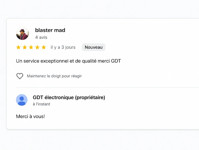 Avis google client satisfait GDT électronique Montréal