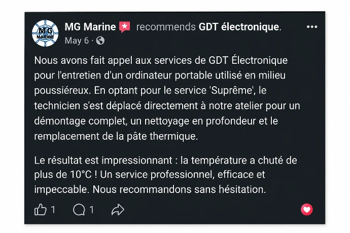 Avis facebook sur les services de réparation PC GDT électronique
